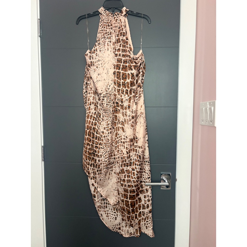 Andree by Unit Animal Print Halter Midi Dress Asymmetrical Hem Brown Tan Large - Picture 2 of 8